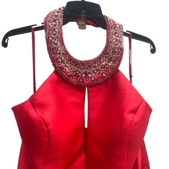 Tease Prom Cherry Red Satin Beaded Halter Cleopatra Glam Full Skirt Formal Dress - Picture 2 of 5